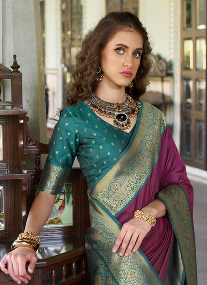 Wine & Peacock Blue Pure Soft Silk Zari Weaving  Traditional Wear Saree