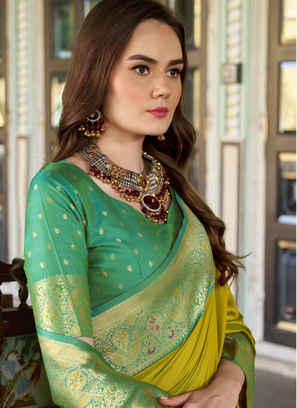 Olive & Green Pure Soft Silk Zari Weaving Traditional Wear Saree