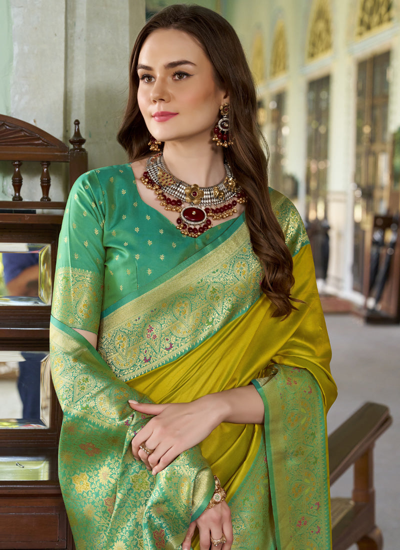 Olive & Green Pure Soft Silk Zari Weaving Traditional Wear Saree
