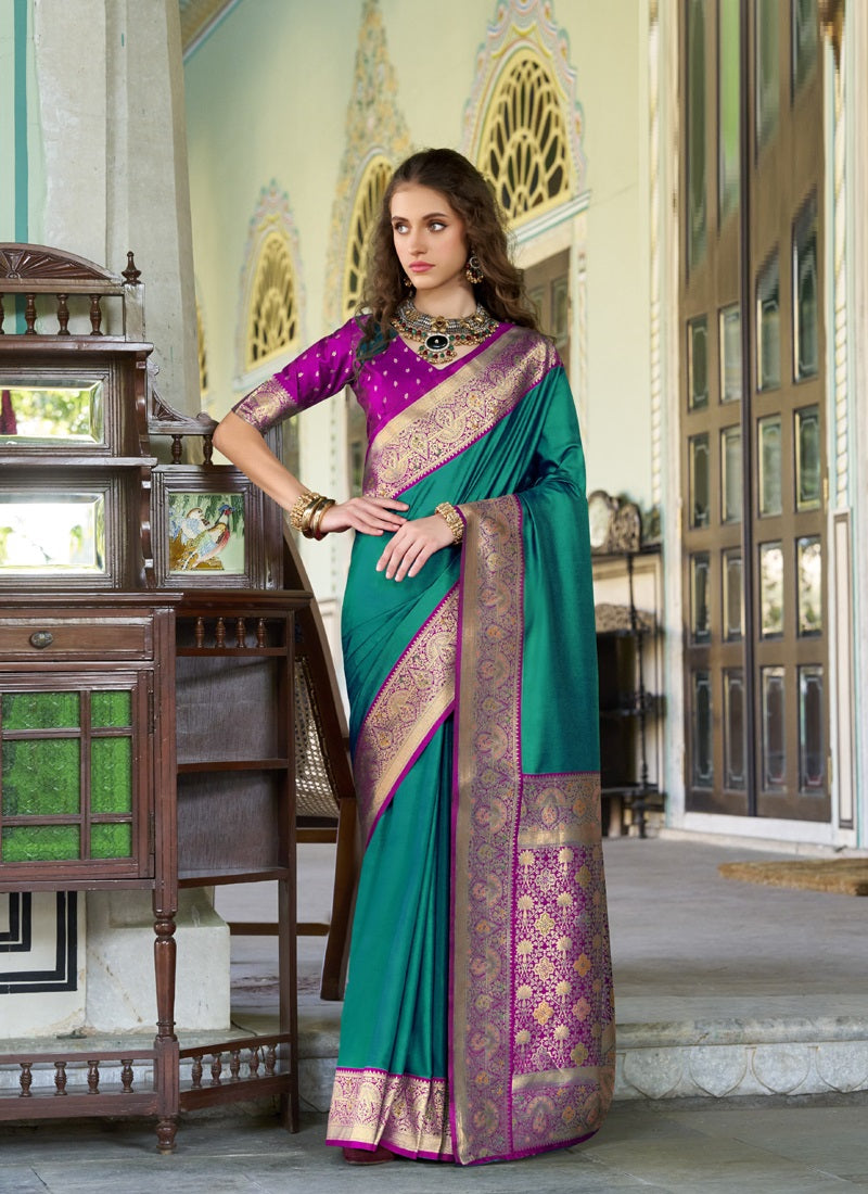 Peacock Green & Magenta Pure Soft Silk Zari Weaving Traditional Wear Saree