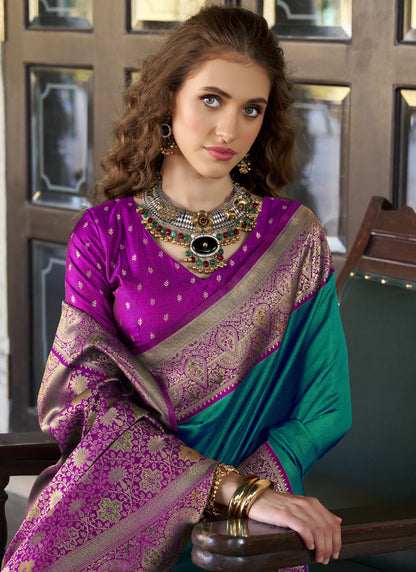 Peacock Green & Magenta Pure Soft Silk Zari Weaving Traditional Wear Saree