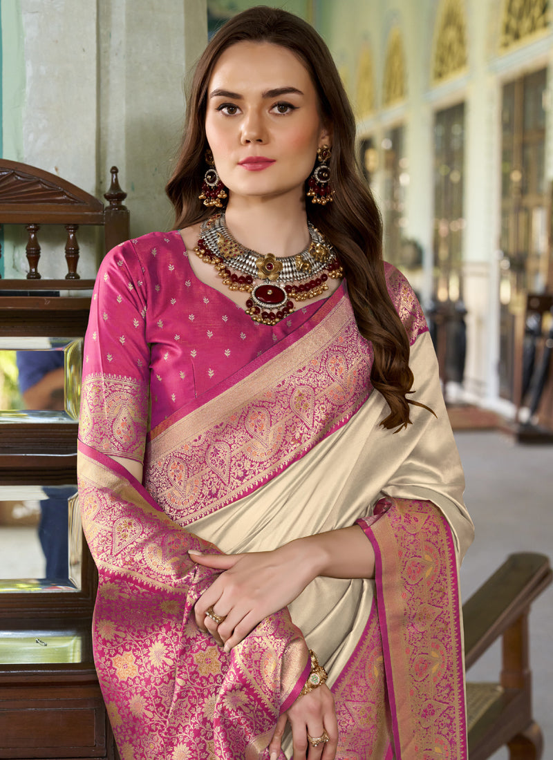 Cream & Pink Pure Soft Silk Zari Weaving Traditional Wear Saree