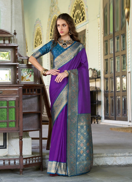 Purple & Peacock Blue Pure Soft Silk Zari Weaving Traditional Wear Saree