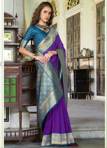 Purple & Peacock Blue Pure Soft Silk Zari Weaving Traditional Wear Saree