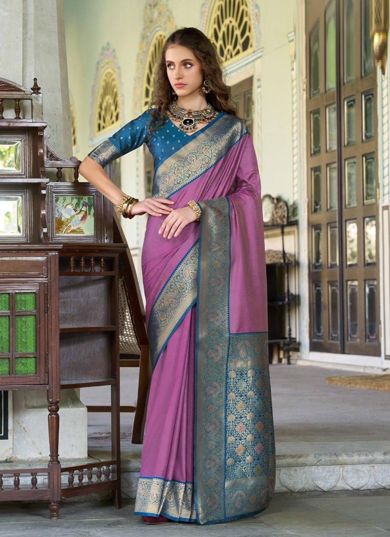 Onion Pink  & Peacock Blue Pure Soft Silk Zari Weaving Traditional Wear Saree