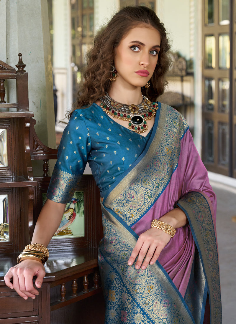 Onion Pink  & Peacock Blue Pure Soft Silk Zari Weaving Traditional Wear Saree