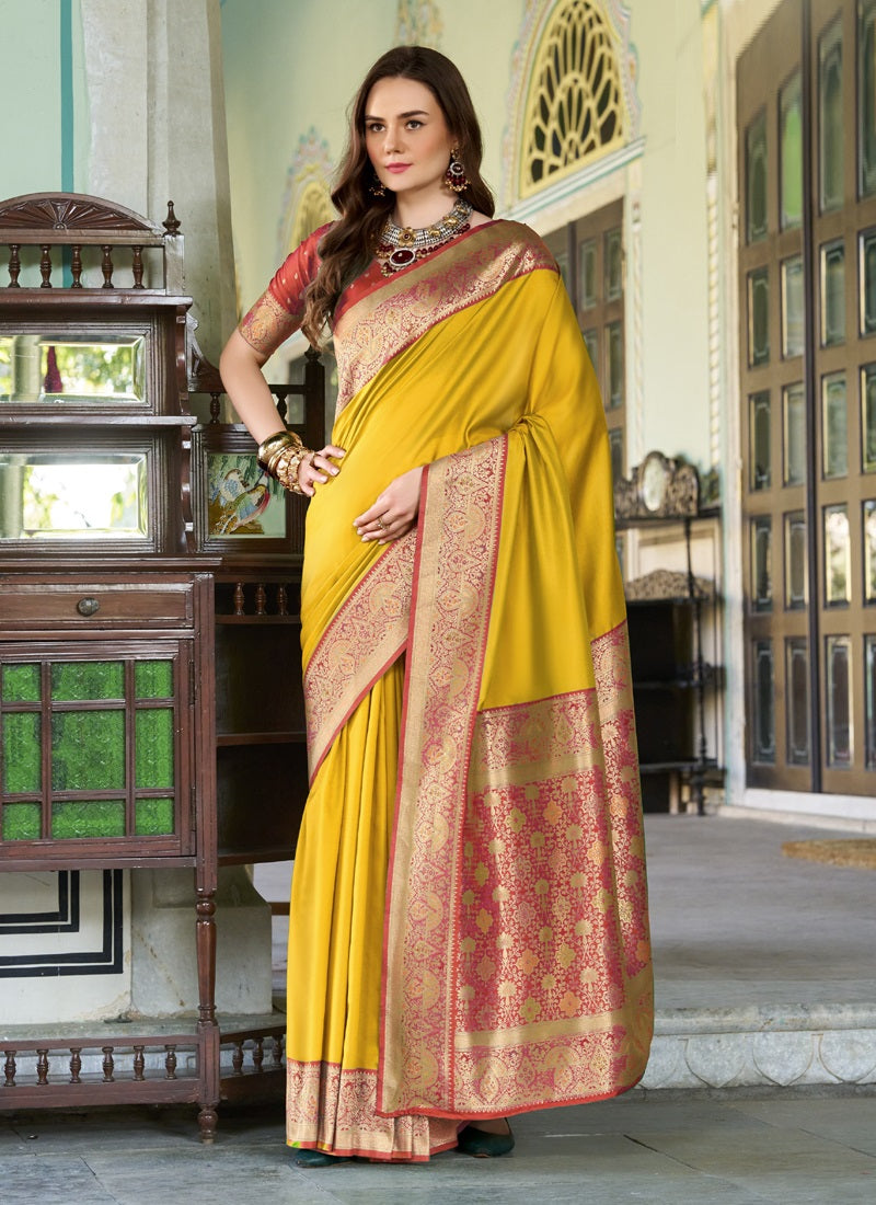 Mustard & Rust Pure Soft Silk Zari Weaving Traditional Wear Saree