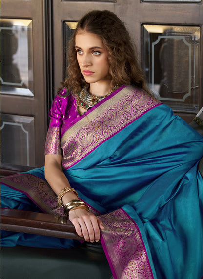 Peacock Blue & Magenta Pure Soft Silk Zari Weaving Traditional Wear Saree
