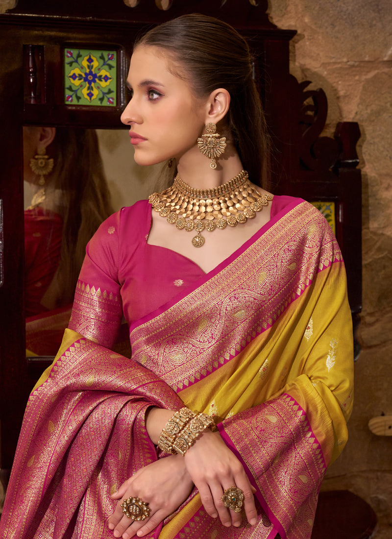 Mustard & Tomato Red Soft Silk Wedding  Wear Sarees