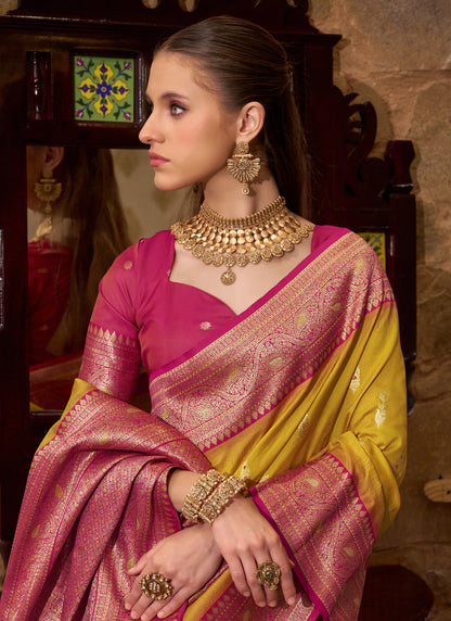 Mustard & Tomato Red Soft Silk Wedding  Wear Sarees