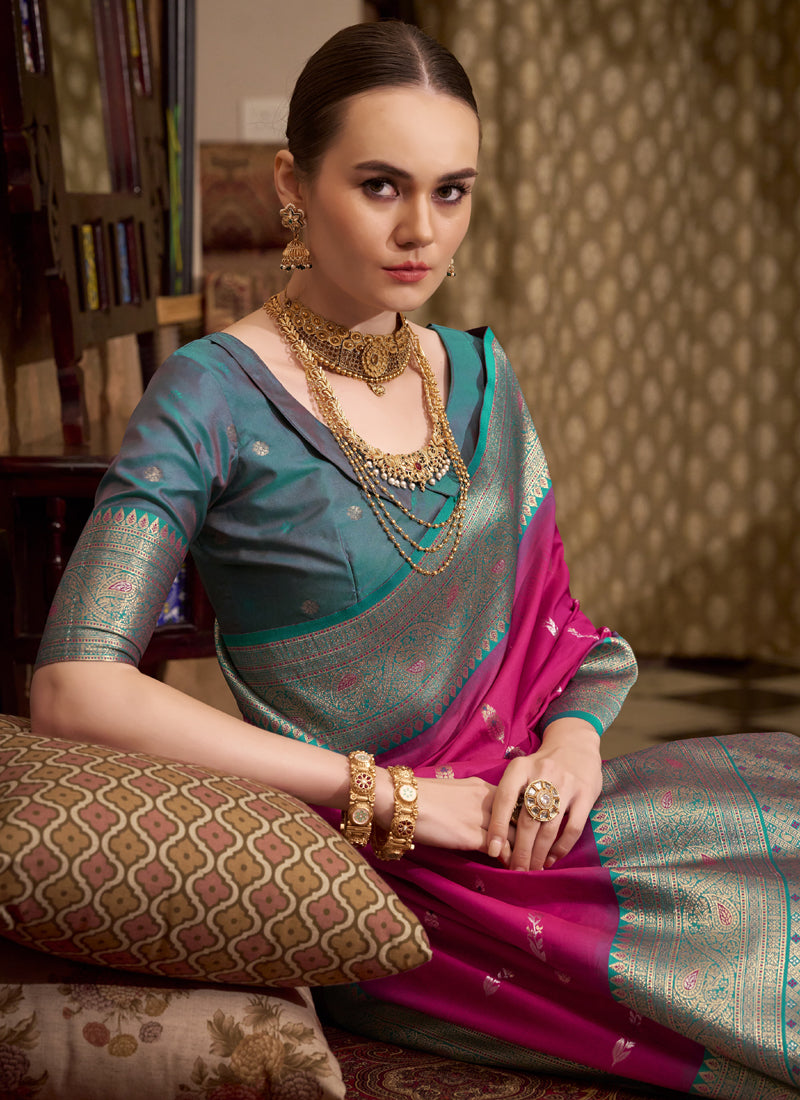 Ruby Pink & Peacock Green Wedding  Wear Sarees