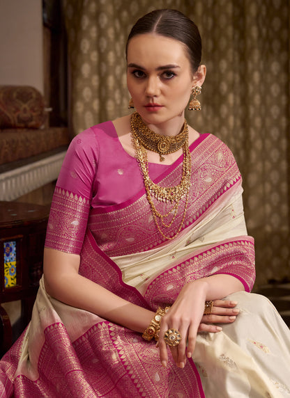 Off White & Pink Soft Silk With Zari  Wedding  Wear Sarees