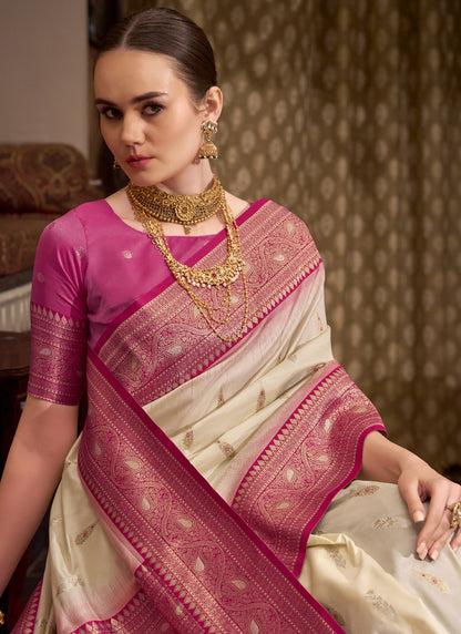 Off White & Pink Soft Silk With Zari  Wedding  Wear Sarees