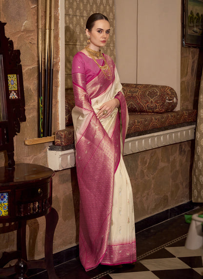 Off White & Pink Soft Silk With Zari  Wedding  Wear Sarees