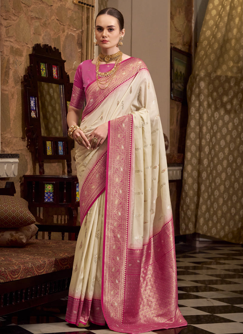 Off White & Pink Soft Silk With Zari  Wedding  Wear Sarees