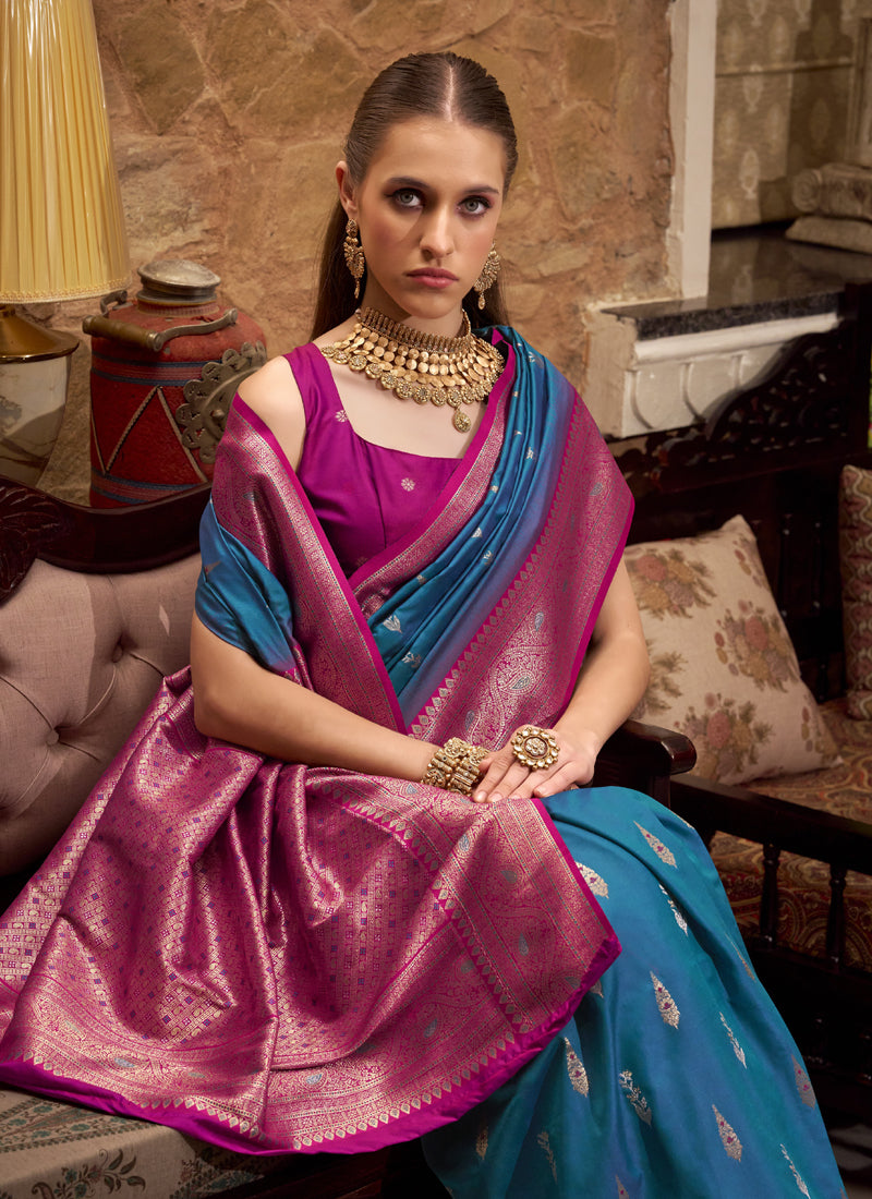 Peacock Blue & Dark Pink Soft Silk Wedding  Wear Sarees
