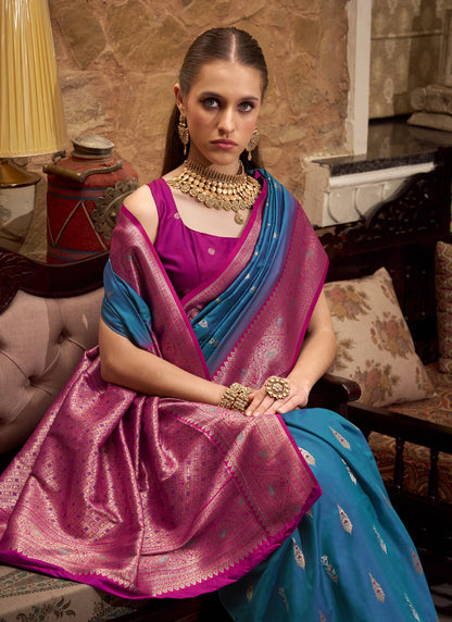 Peacock Blue & Dark Pink Soft Silk Wedding  Wear Sarees