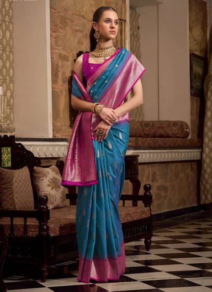 Peacock Blue & Dark Pink Soft Silk Wedding  Wear Sarees
