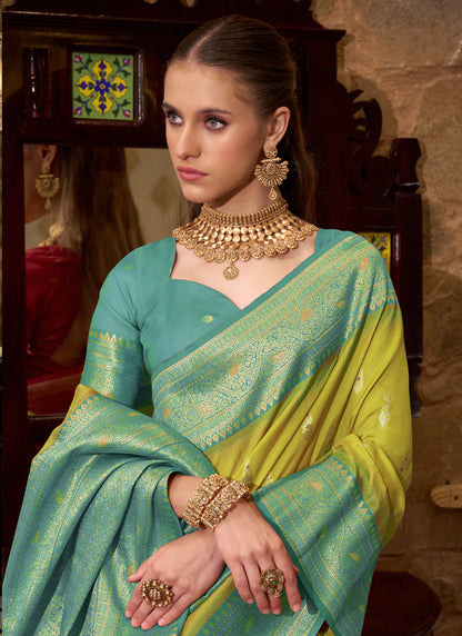 Lemon Yellow & Turquoise Soft Silk Wedding  Wear Sarees