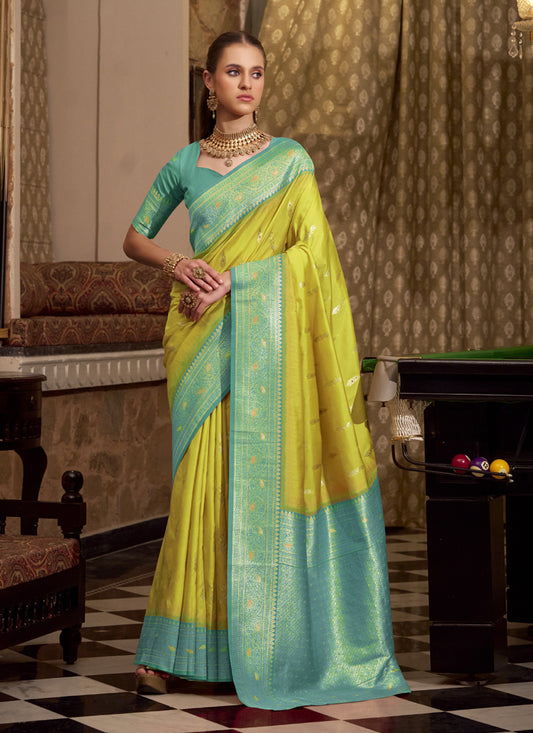 Lemon Yellow & Turquoise Soft Silk Wedding  Wear Sarees