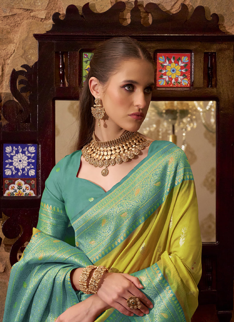 Lemon Yellow & Turquoise Soft Silk Wedding  Wear Sarees