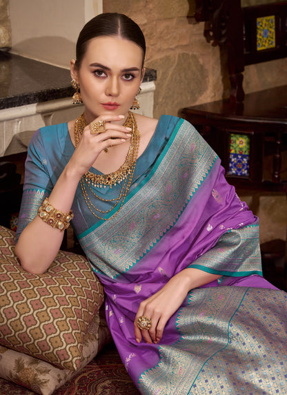 Purple & Peacock Blue Soft Silk Wedding  Wear Sarees