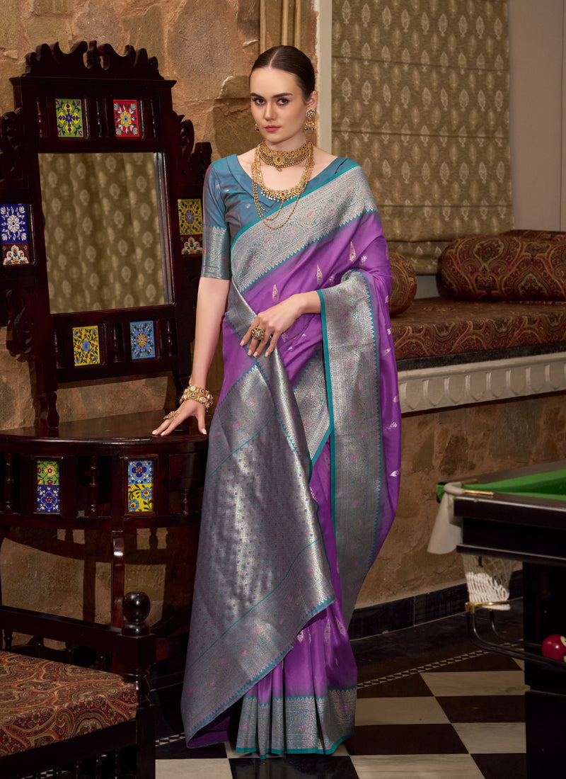 Purple & Peacock Blue Soft Silk Wedding  Wear Sarees