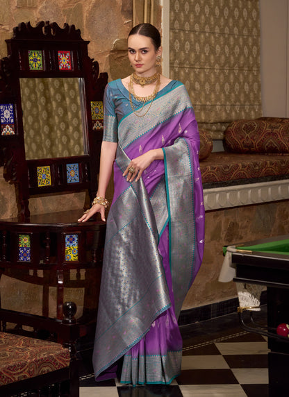 Purple & Peacock Blue Soft Silk Wedding  Wear Sarees