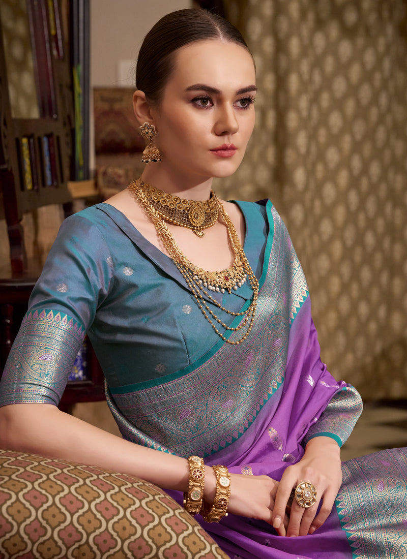 Purple & Peacock Blue Soft Silk Wedding  Wear Sarees