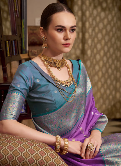 Purple & Peacock Blue Soft Silk Wedding  Wear Sarees