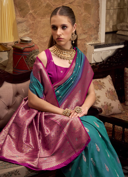 Peacock Green & Magenta Soft Silk Wedding Wear Sarees
