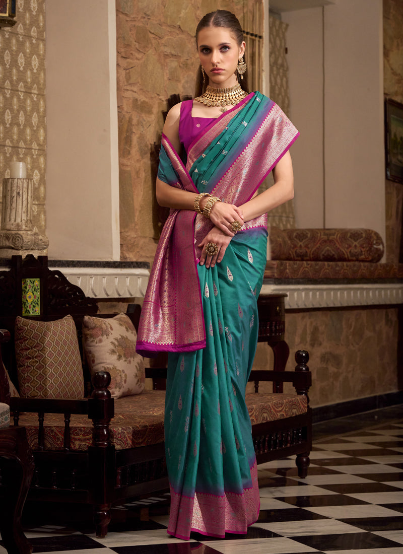 Peacock Green & Magenta Soft Silk Wedding Wear Sarees