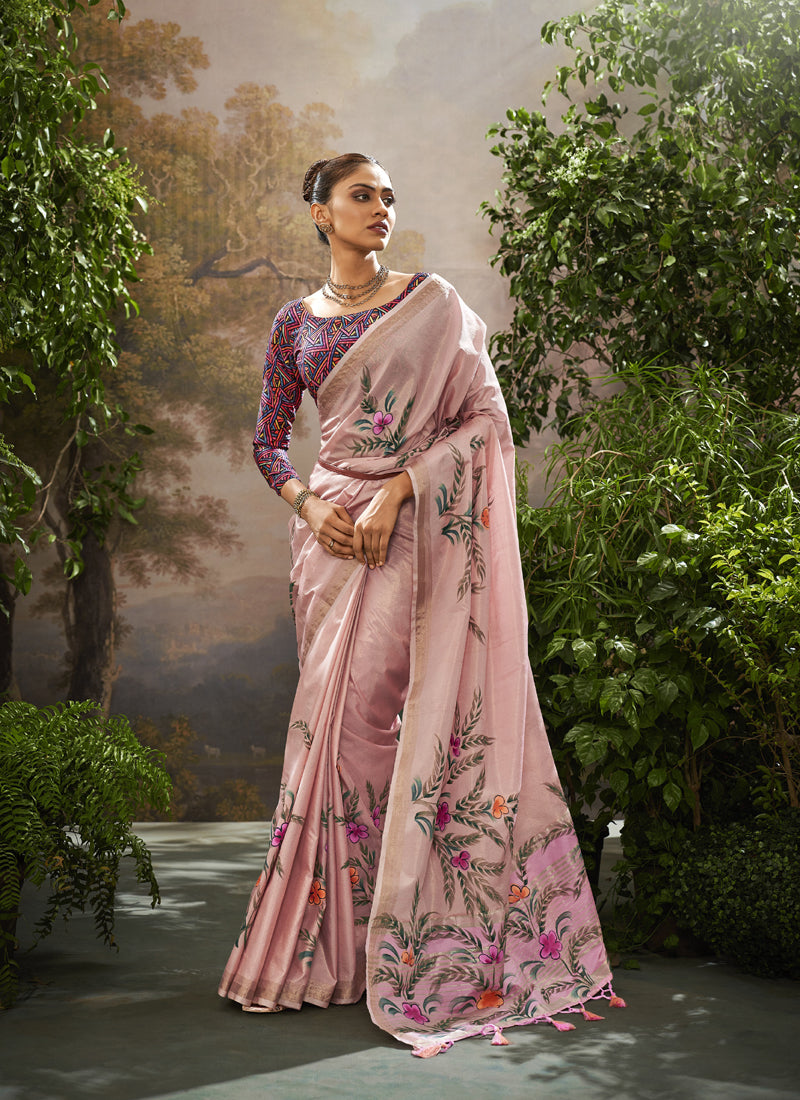 Baby Pink Soft Linen Tissue Kalamkari Blouse Casual Wear Saree