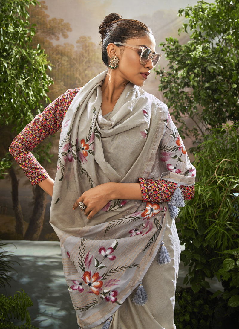 Gray Soft Linen Tissue Kalamkari Blouse Casual Wear Saree