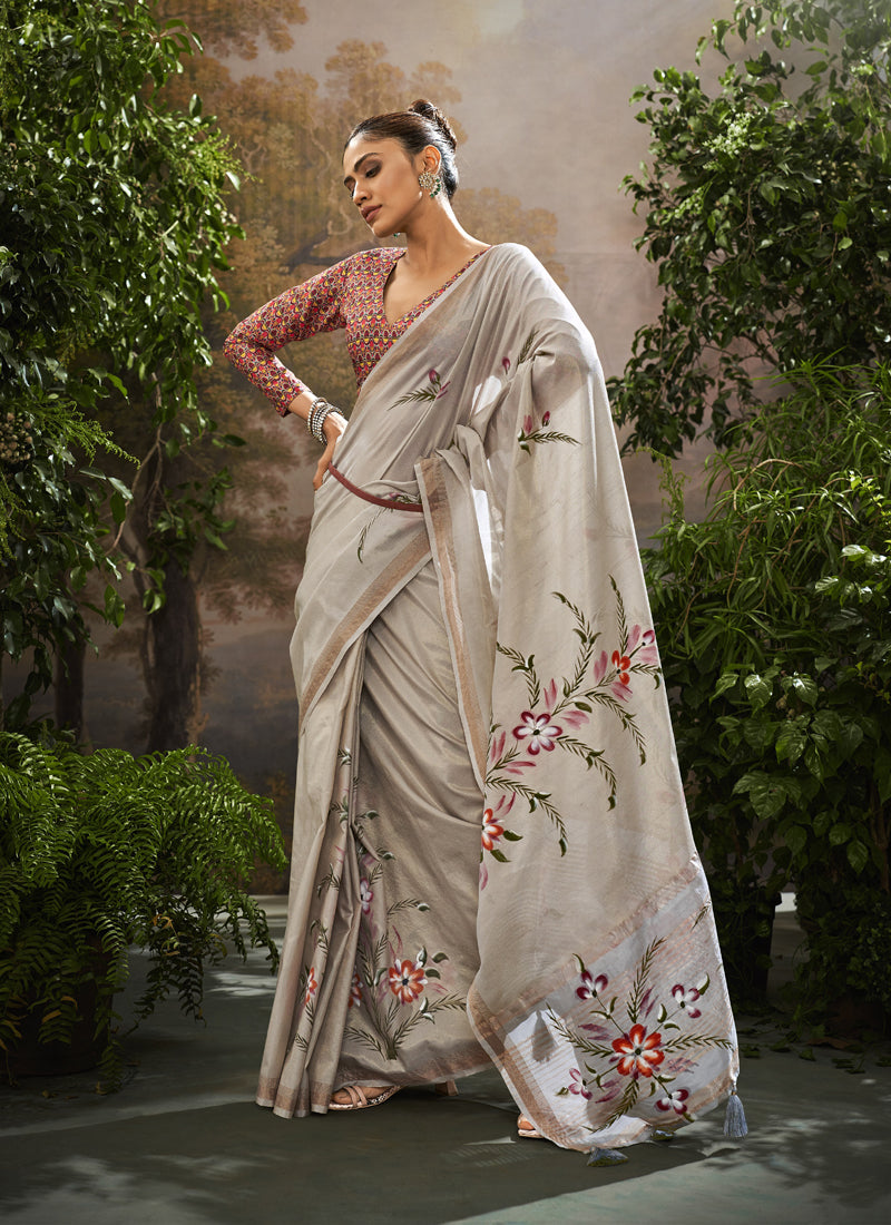 Gray Soft Linen Tissue Kalamkari Blouse Casual Wear Saree