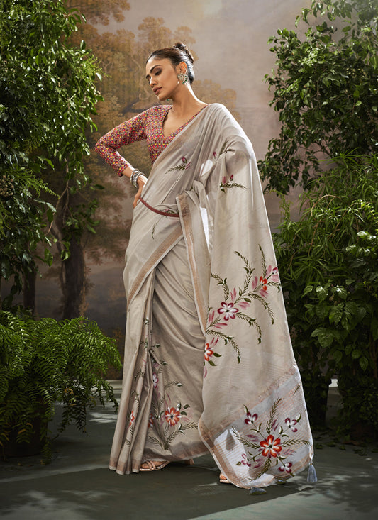 Gray Soft Linen Tissue Kalamkari Blouse Casual Wear Saree