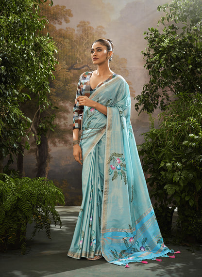 Sky Blue Soft Linen Tissue Kalamkari Blouse Casual Wear Saree