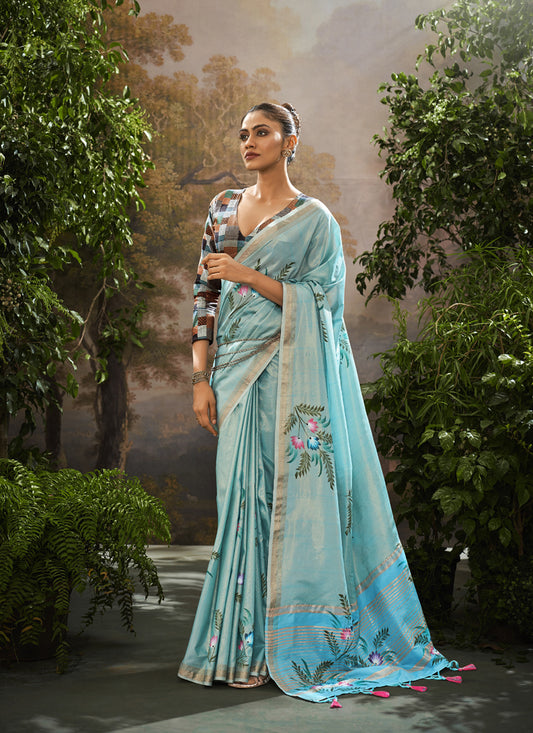 Sky Blue Soft Linen Tissue Kalamkari Blouse Casual Wear Saree