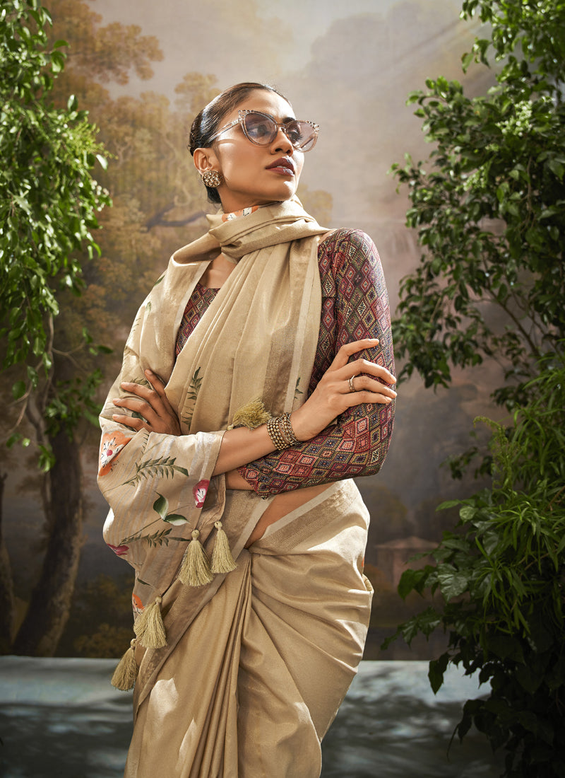 Cream Soft Linen Tissue Kalamkari Blouse Casual Wear Saree