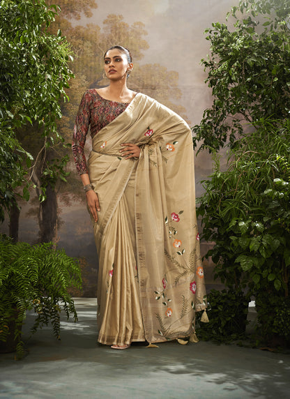 Cream Soft Linen Tissue Kalamkari Blouse Casual Wear Saree