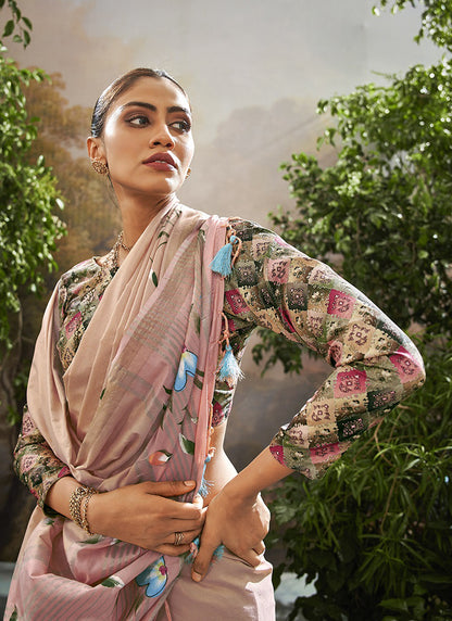 Light Peach Soft Linen Tissue Kalamkari Blouse Casual Wear Saree