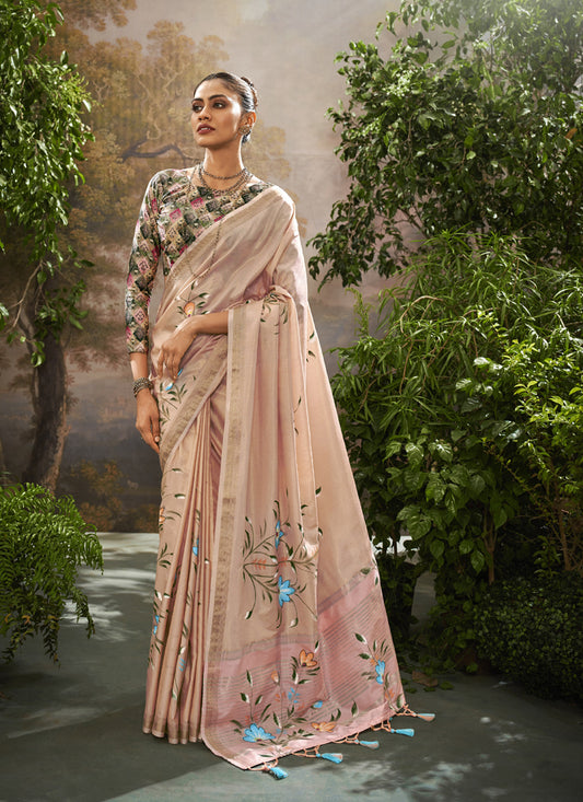 Light Peach Soft Linen Tissue Kalamkari Blouse Casual Wear Saree