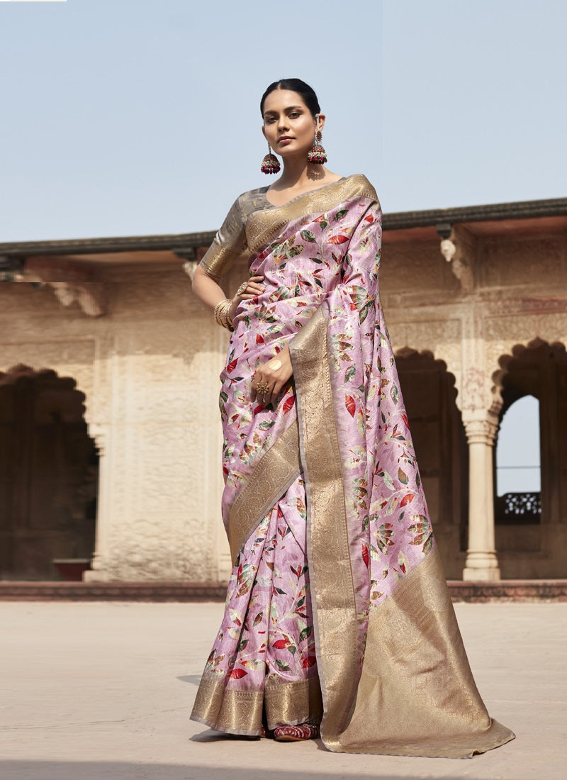 Baby Pink Handloom Silk Digital Printed Casual Wear Saree