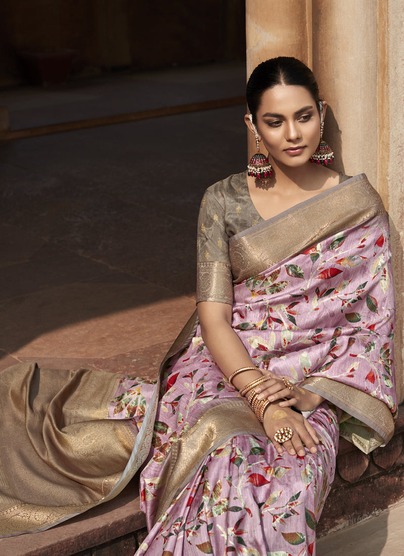 Baby Pink Handloom Silk Digital Printed Casual Wear Saree