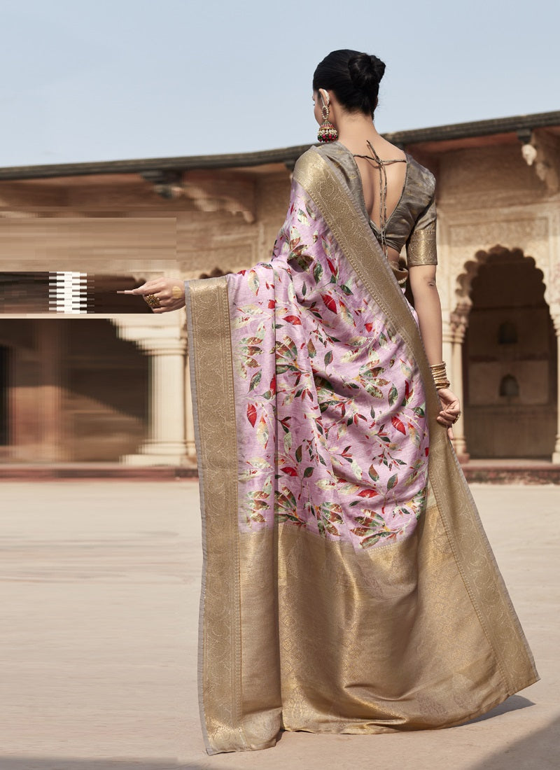 Baby Pink Handloom Silk Digital Printed Casual Wear Saree