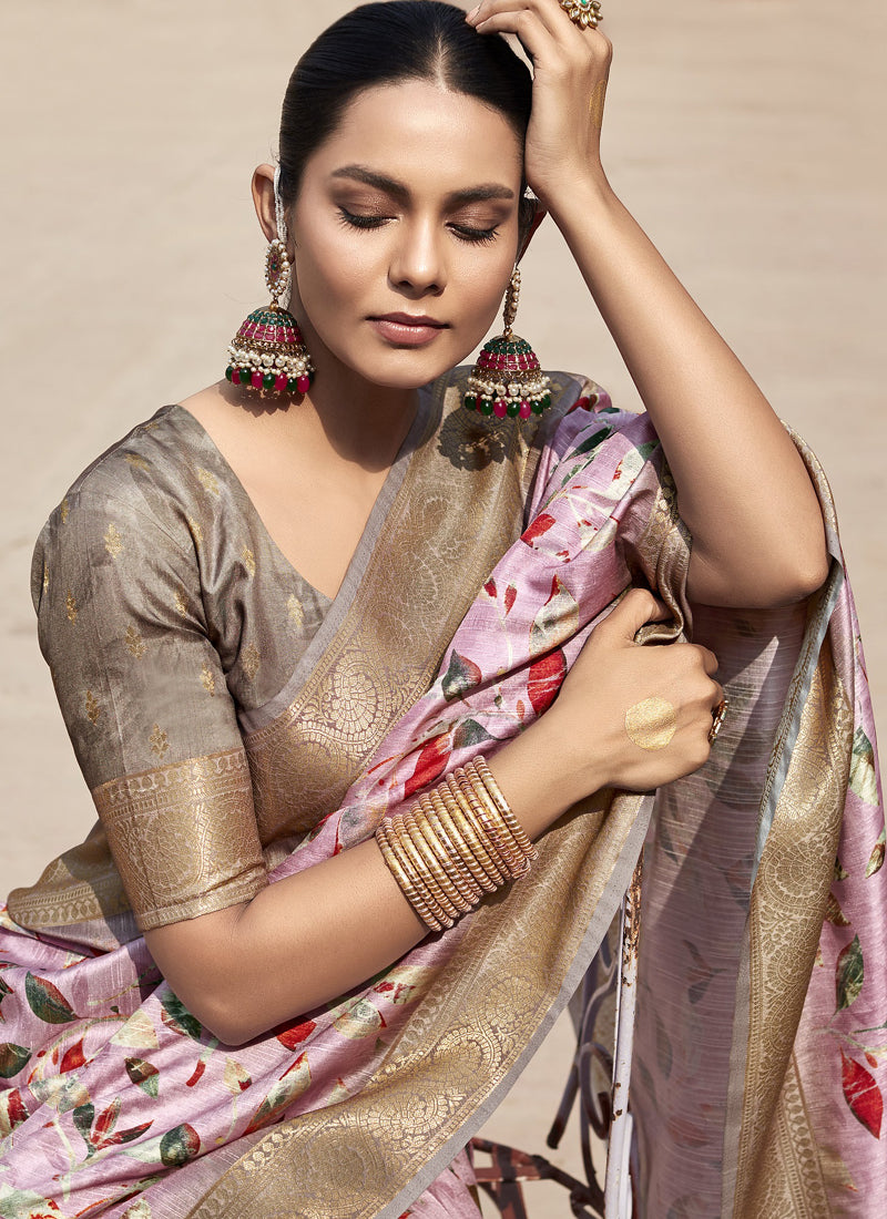 Baby Pink Handloom Silk Digital Printed Casual Wear Saree