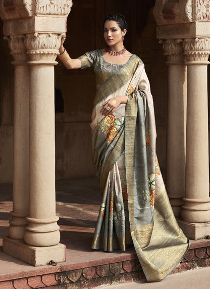 Off White & Gray Handloom Silk Digital Printed Casual Wear Saree