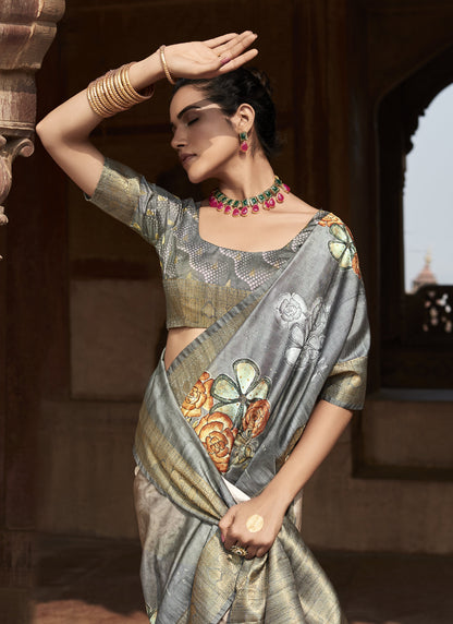 Off White & Gray Handloom Silk Digital Printed Casual Wear Saree