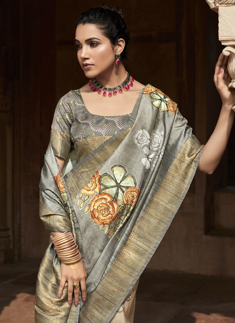 Off White & Gray Handloom Silk Digital Printed Casual Wear Saree