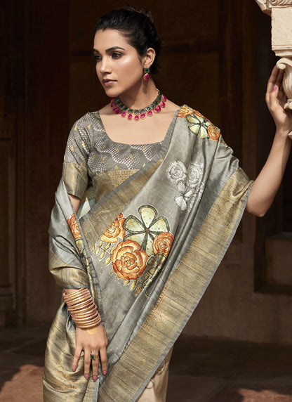 Off White & Gray Handloom Silk Digital Printed Casual Wear Saree